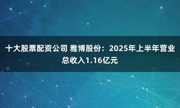 十大股票配资公司 雅博股份：2025年上半年营业总收入1.16亿元
